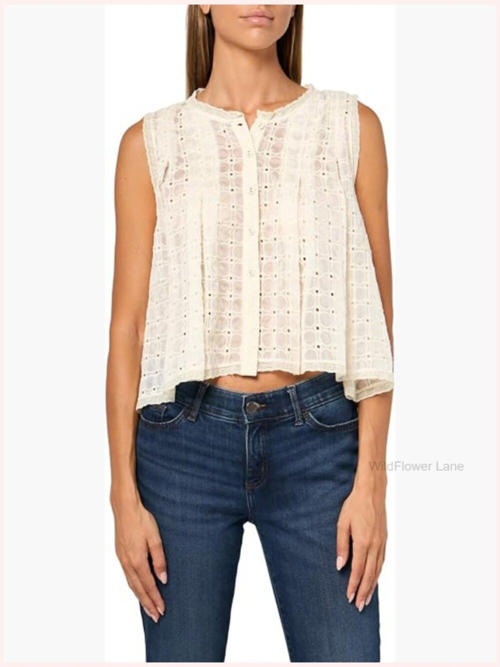 Sleeveless Eyelet Lace Button Front Blouse Top